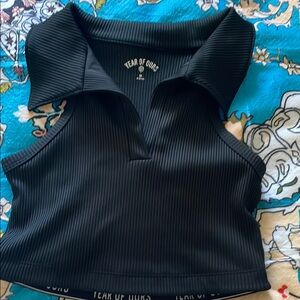 Year of Ours Black Ribbed Polo Crop Tank